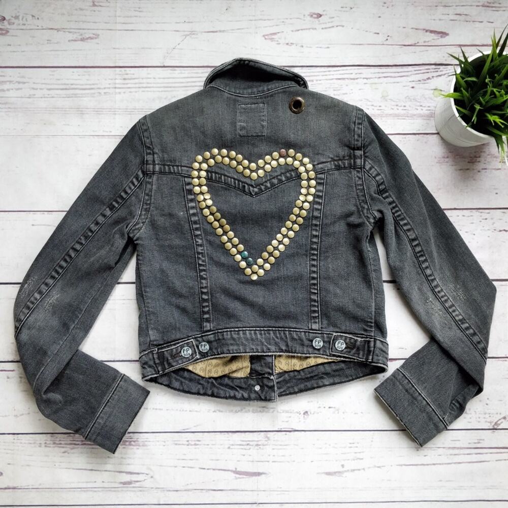 FREE PEOPLE Studded Heart Back Denim Jacket Grey size XS